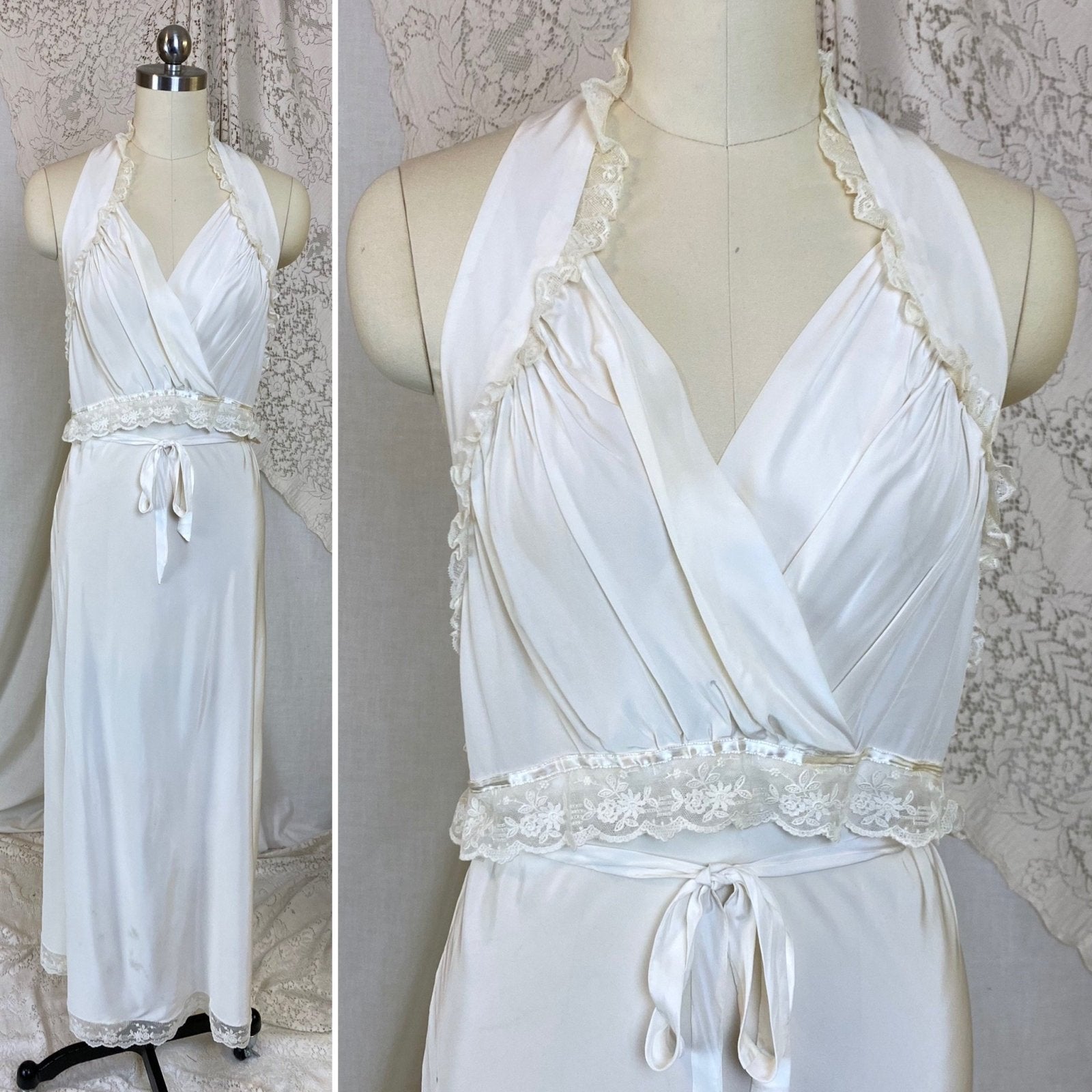 Vintage 1940's Nightgown | Hand Stitched Creamy White Rayon with Embroidered Tulle & Open Back | Size XS - Daggers & Dames