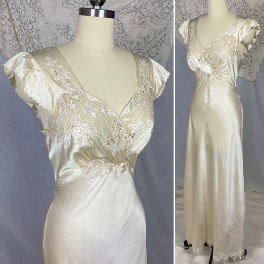 Vintage 1940's Nightgown | Hand Stitched Warm Ivory Silk Charmeuse with Floral Appliqué & Spiderweb Lace | Size 34-36 Bust, S | OOAK - Daggers & Dames