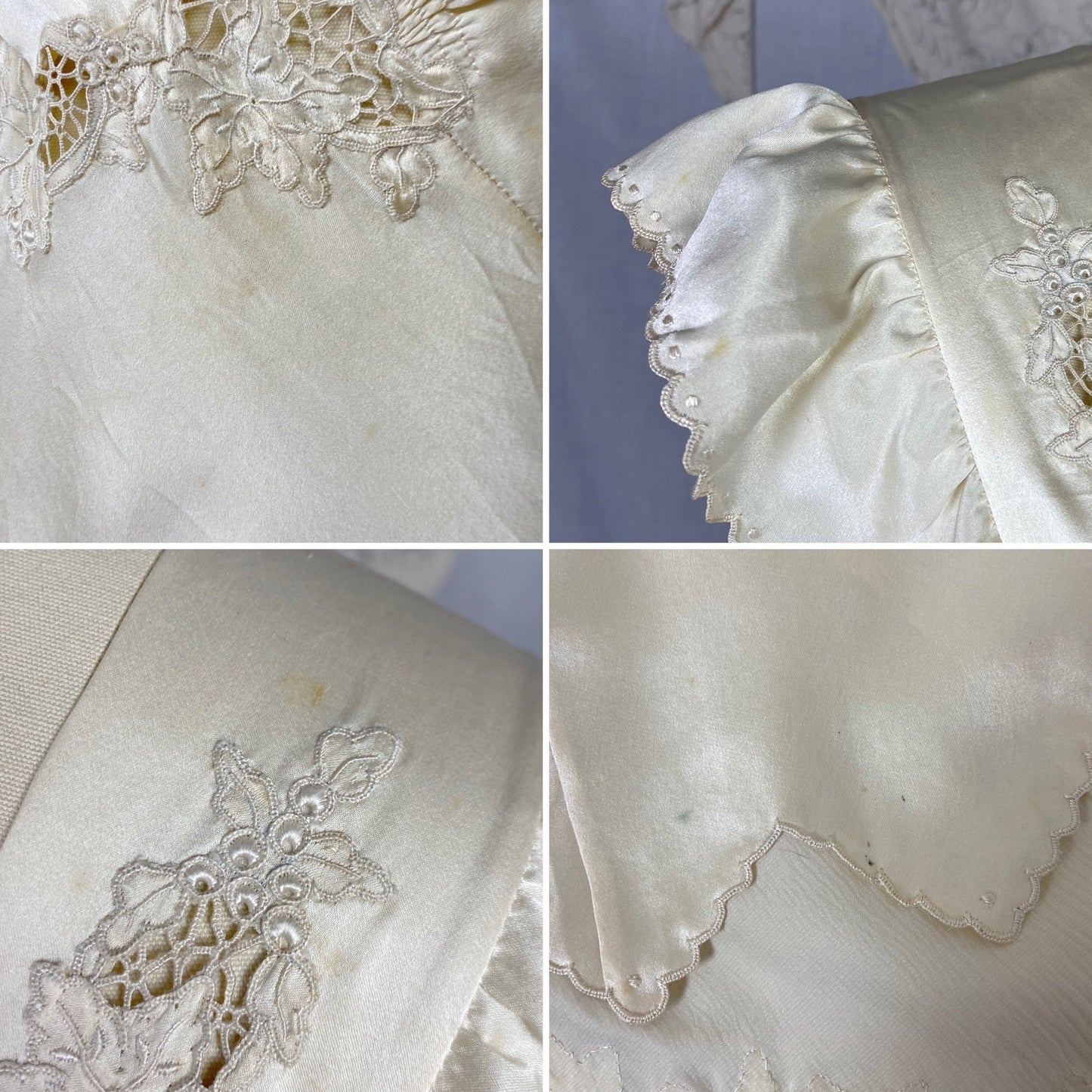 Vintage 1940's Nightgown | Hand Stitched Warm Ivory Silk Charmeuse with Floral Appliqué & Spiderweb Lace | Size 34-36 Bust, S | OOAK - Daggers & Dames