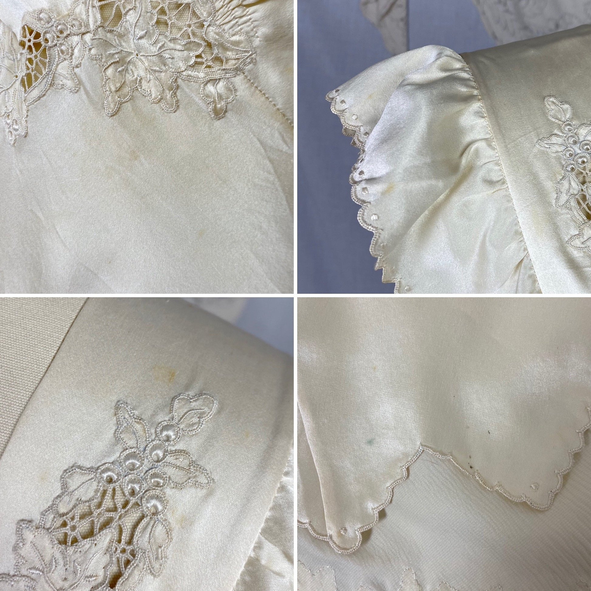 Vintage 1940's Nightgown | Hand Stitched Warm Ivory Silk Charmeuse with Floral Appliqué & Spiderweb Lace | Size 34-36 Bust, S | OOAK - Daggers & Dames