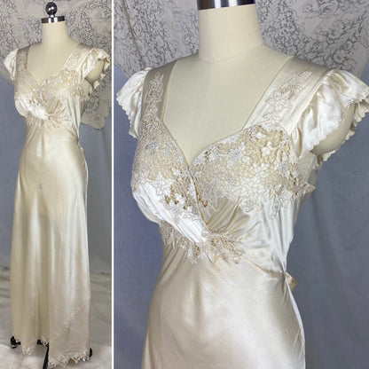 Vintage 1940's Nightgown | Hand Stitched Warm Ivory Silk Charmeuse with Floral Appliqué & Spiderweb Lace | Size 34-36 Bust, S | OOAK - Daggers & Dames
