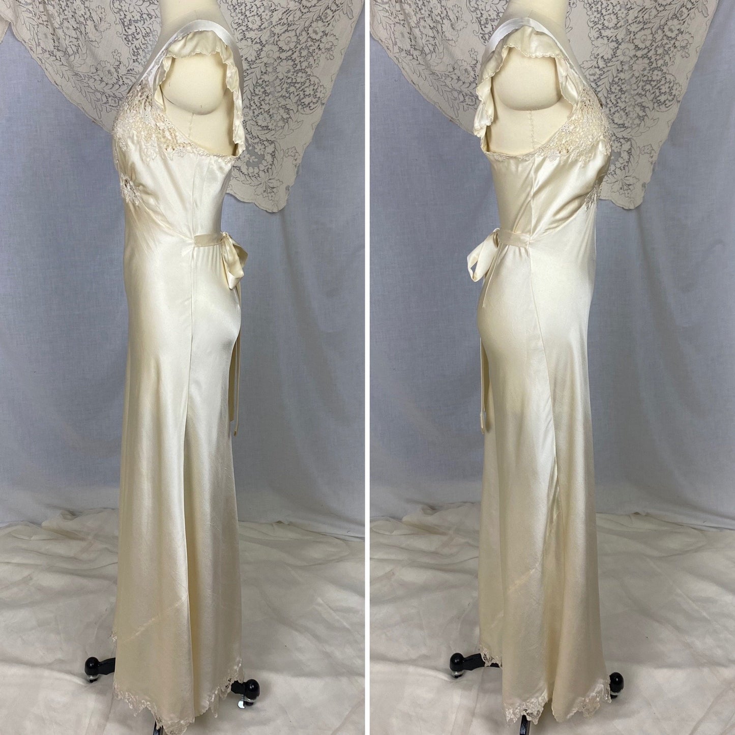 Vintage 1940's Nightgown | Hand Stitched Warm Ivory Silk Charmeuse with Floral Appliqué & Spiderweb Lace | Size 34-36 Bust, S | OOAK - Daggers & Dames