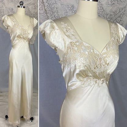 Vintage 1940's Nightgown | Hand Stitched Warm Ivory Silk Charmeuse with Floral Appliqué & Spiderweb Lace | Size 34-36 Bust, S | OOAK - Daggers & Dames