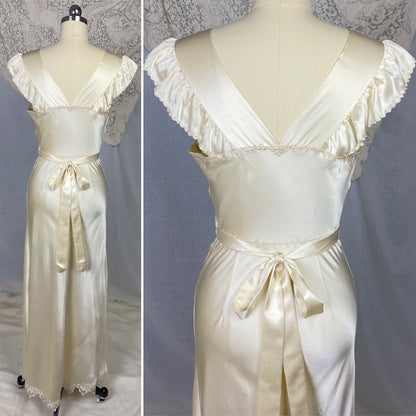 Vintage 1940's Nightgown | Hand Stitched Warm Ivory Silk Charmeuse with Floral Appliqué & Spiderweb Lace | Size 34-36 Bust, S | OOAK - Daggers & Dames