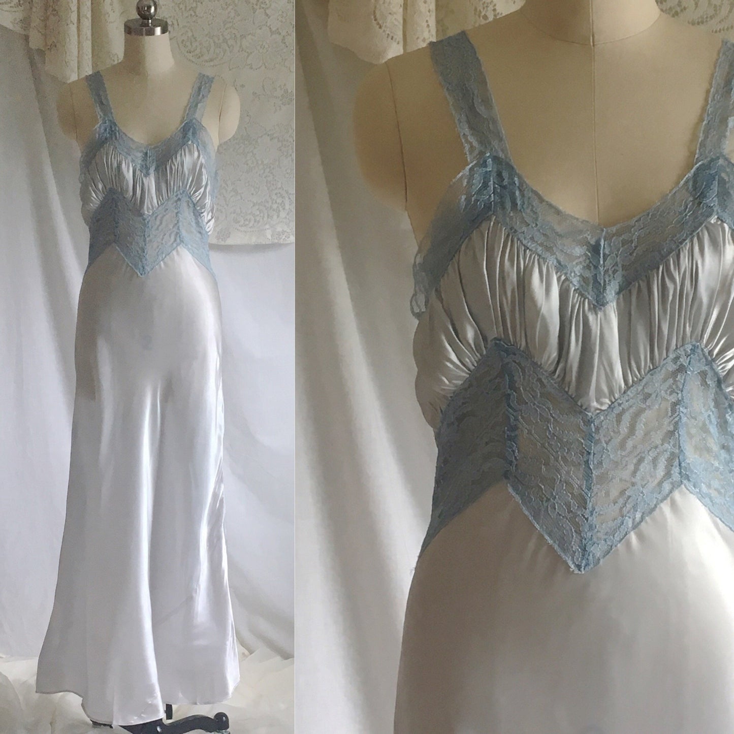 Vintage 1940's Nightgown | Icy Blue Acetate Satin with Lace Bodice | Size XS - Daggers & Dames