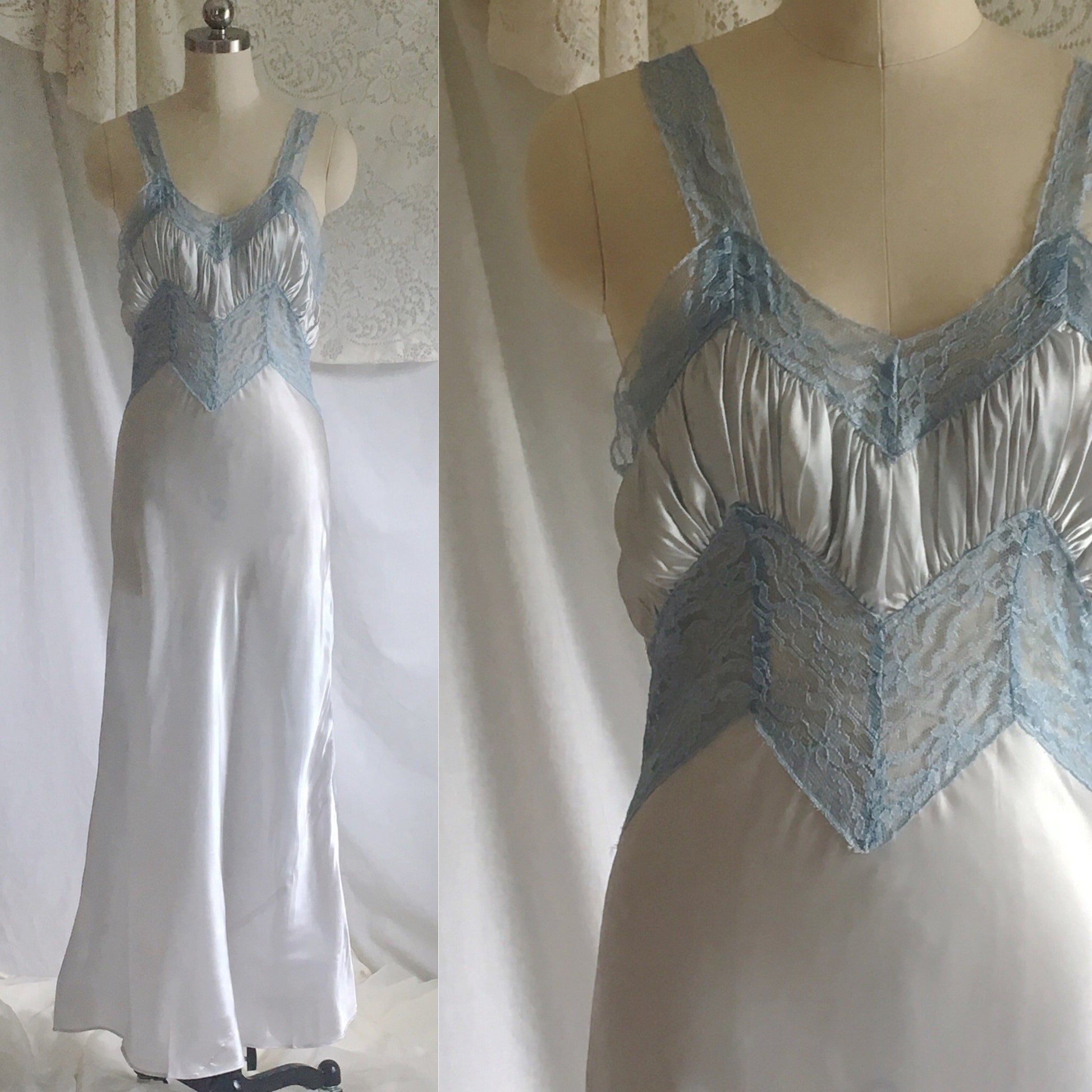 Vintage 1940's Nightgown | Icy Blue Acetate Satin with Lace Bodice | Size XS - Daggers & Dames