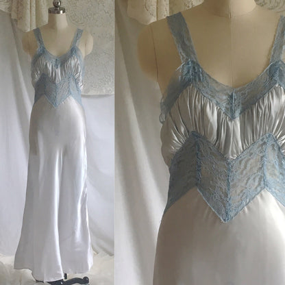 Vintage 1940's Nightgown | Icy Blue Acetate Satin with Lace Bodice | Size XS - Daggers & Dames