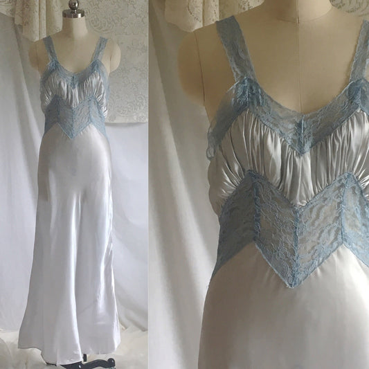 Vintage 1940's Nightgown | Icy Blue Acetate Satin with Lace Bodice | Size XS - Daggers & Dames