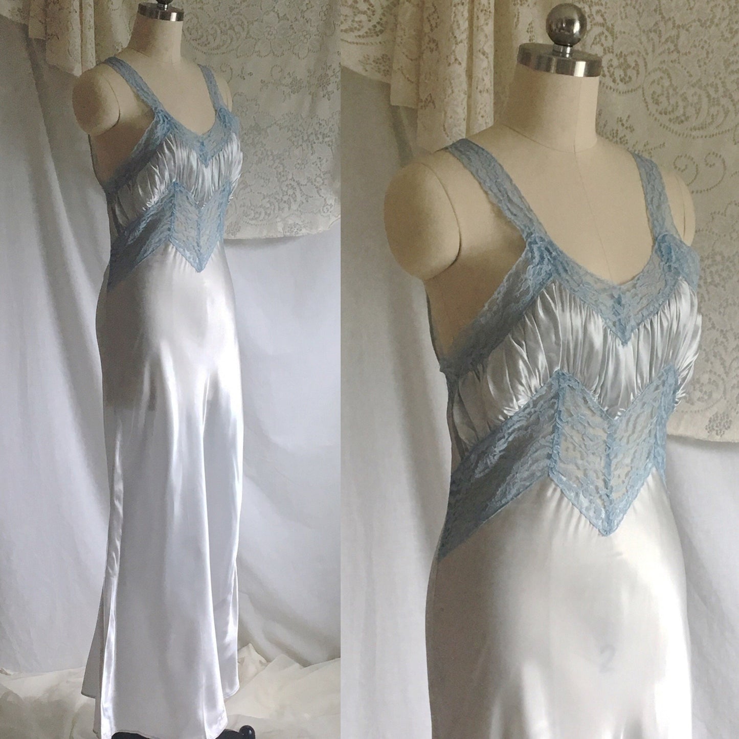 Vintage 1940's Nightgown | Icy Blue Acetate Satin with Lace Bodice | Size XS - Daggers & Dames