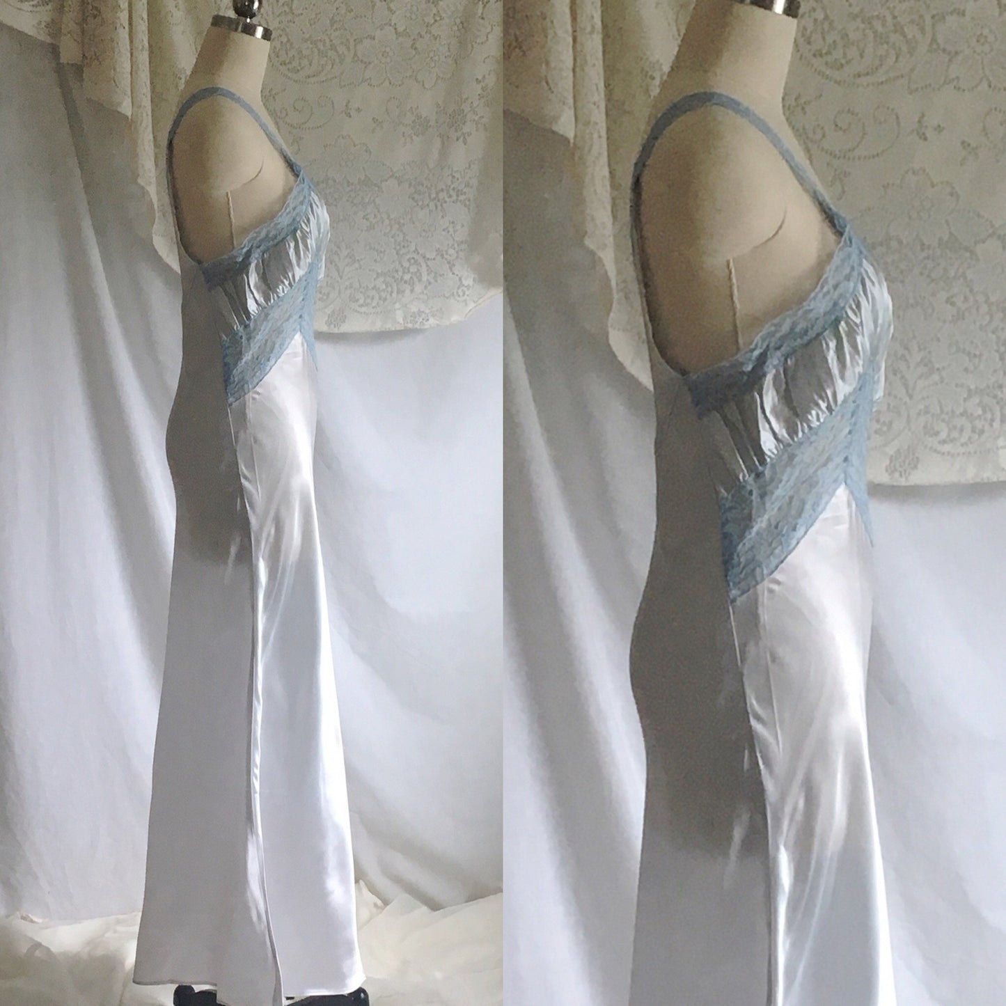 Vintage 1940's Nightgown | Icy Blue Acetate Satin with Lace Bodice | Size XS - Daggers & Dames