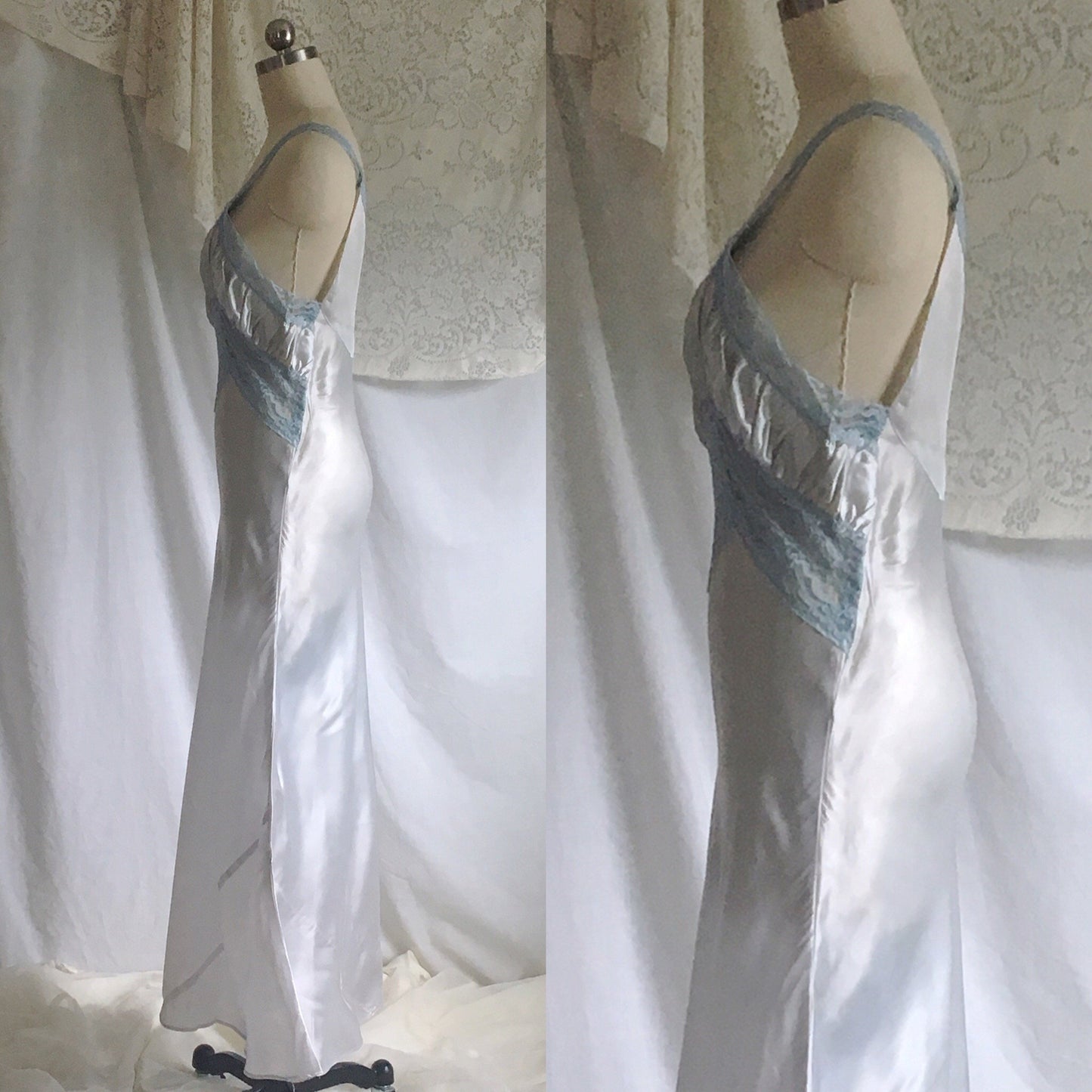 Vintage 1940's Nightgown | Icy Blue Acetate Satin with Lace Bodice | Size XS - Daggers & Dames