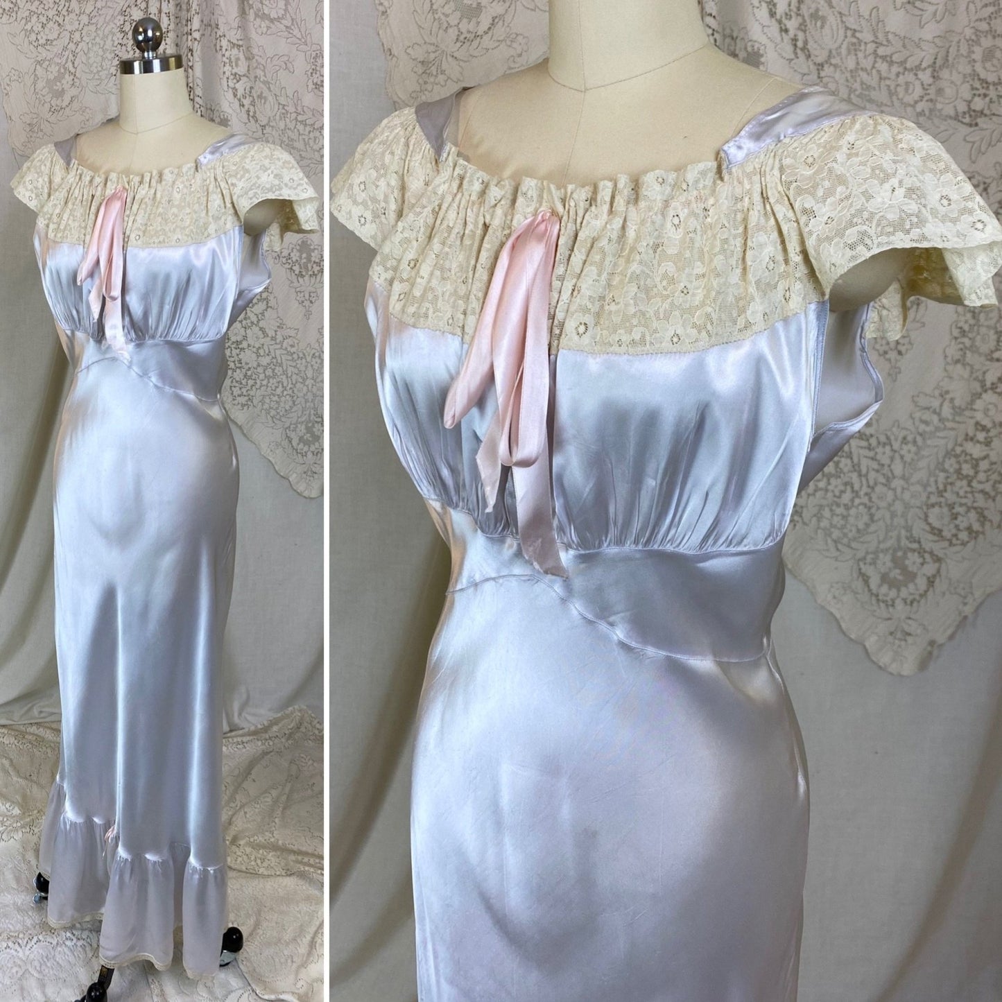 Vintage 1940's Nightgown | Icy Blue Rayon Satin with Ivory Lace | Size S, M, LG | Bennington - Daggers & Dames