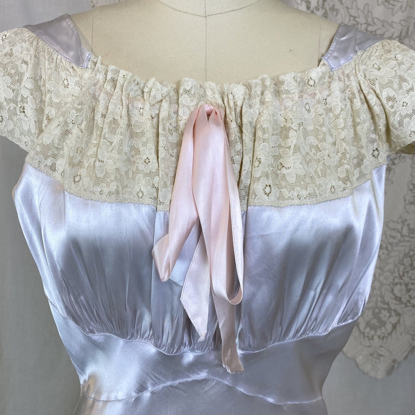Vintage 1940's Nightgown | Icy Blue Rayon Satin with Ivory Lace | Size S, M, LG | Bennington - Daggers & Dames