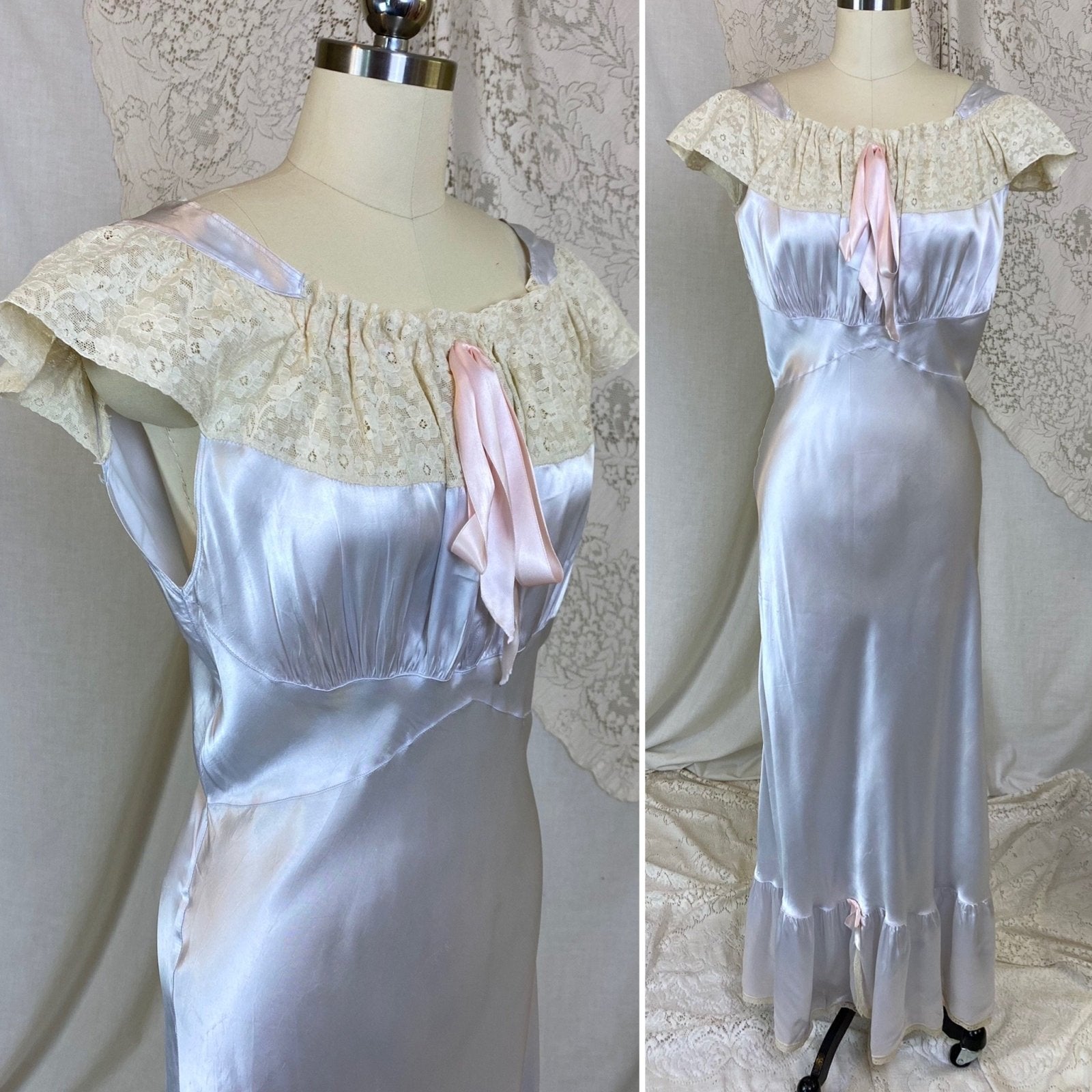 Vintage 1940's Nightgown | Icy Blue Rayon Satin with Ivory Lace | Size S, M, LG | Bennington - Daggers & Dames