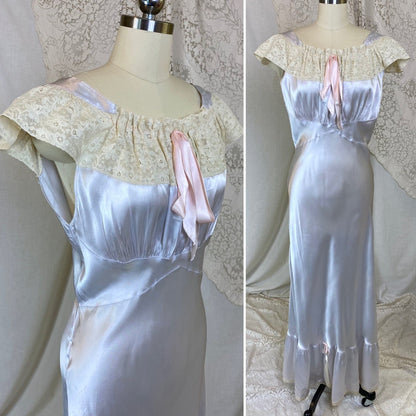 Vintage 1940's Nightgown | Icy Blue Rayon Satin with Ivory Lace | Size S, M, LG | Bennington - Daggers & Dames