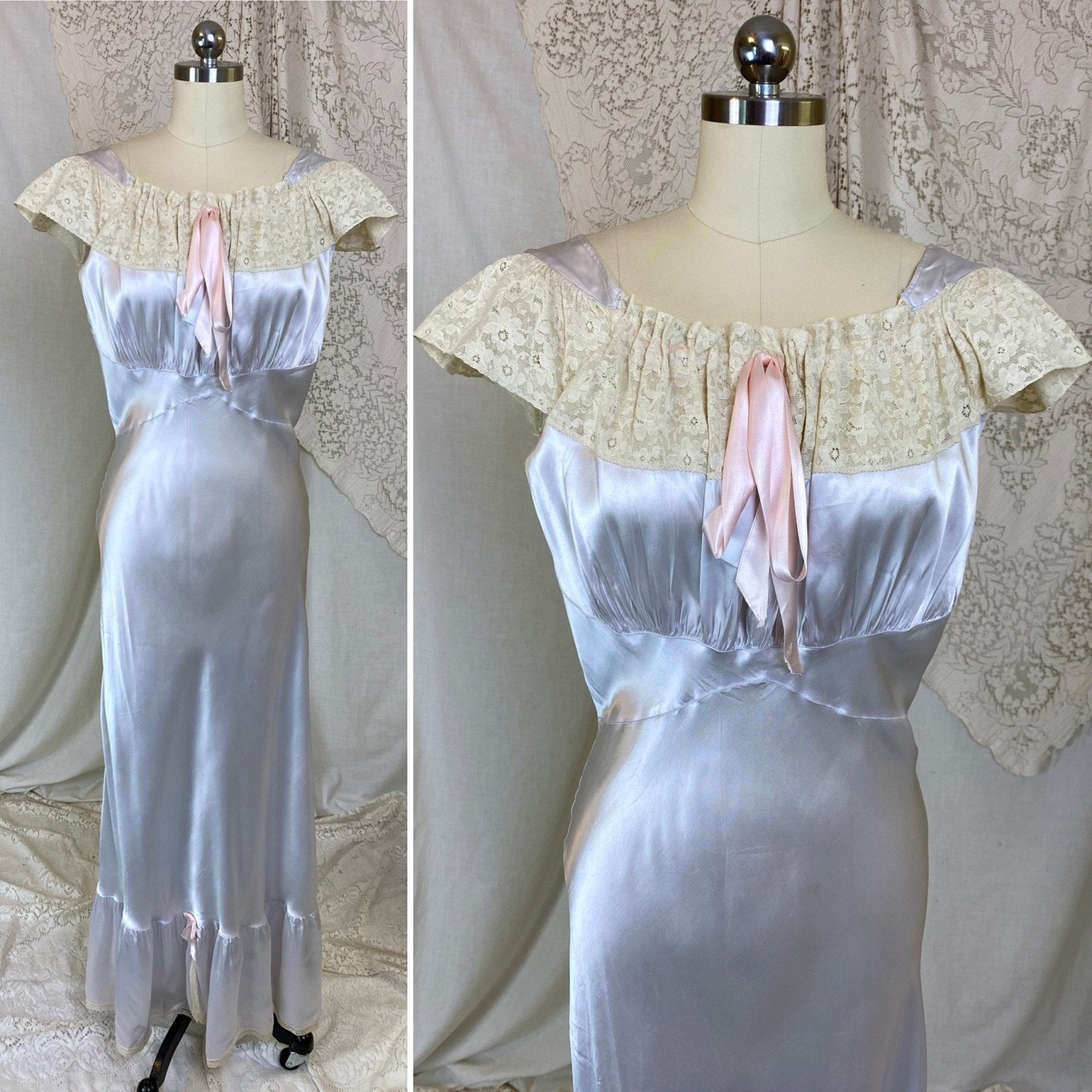 Vintage 1940's Nightgown | Icy Blue Rayon Satin with Ivory Lace | Size S, M, LG | Bennington - Daggers & Dames