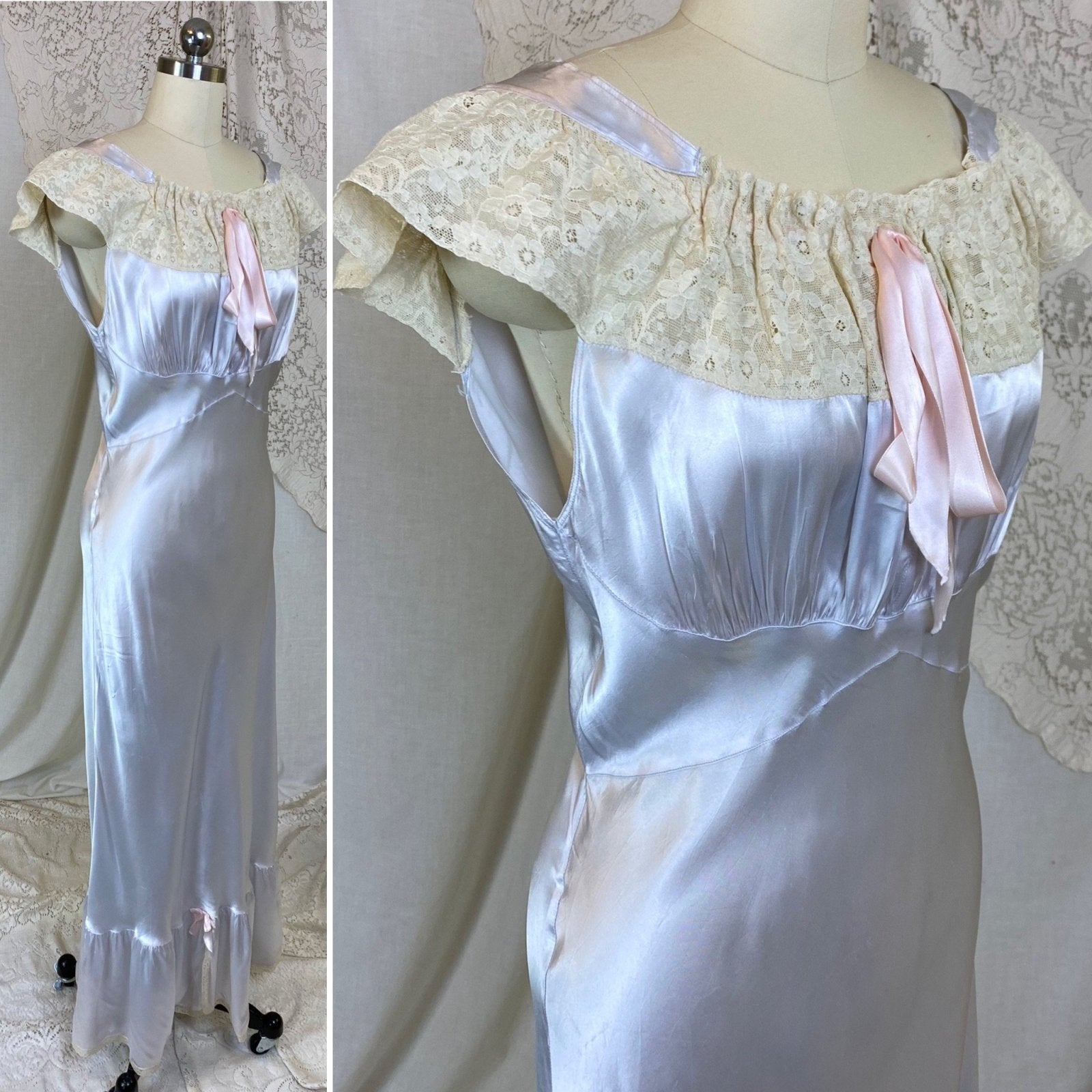Vintage 1940's Nightgown | Icy Blue Rayon Satin with Ivory Lace | Size S, M, LG | Bennington - Daggers & Dames
