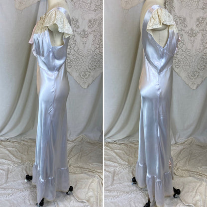 Vintage 1940's Nightgown | Icy Blue Rayon Satin with Ivory Lace | Size S, M, LG | Bennington - Daggers & Dames