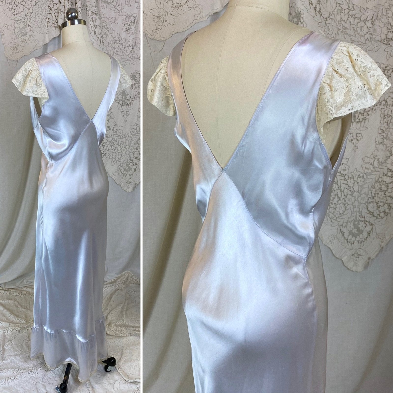 Vintage 1940's Nightgown | Icy Blue Rayon Satin with Ivory Lace | Size S, M, LG | Bennington - Daggers & Dames