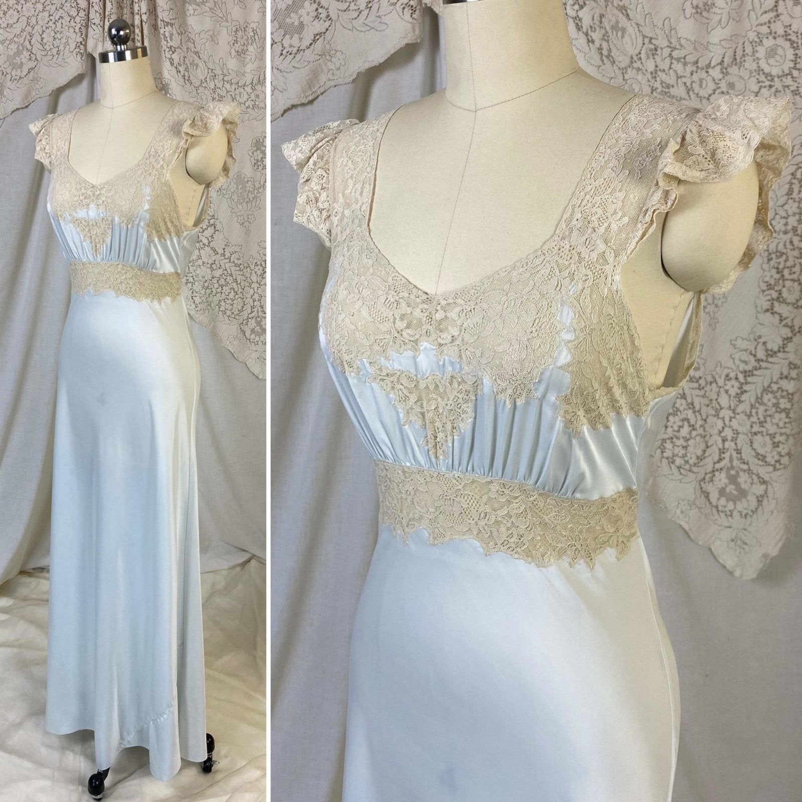 Vintage 1940's Nightgown | Icy Blue Rayon Satin with Nude Floral Lace Appliqué | Size XS, S | Wonder Maid - Daggers & Dames