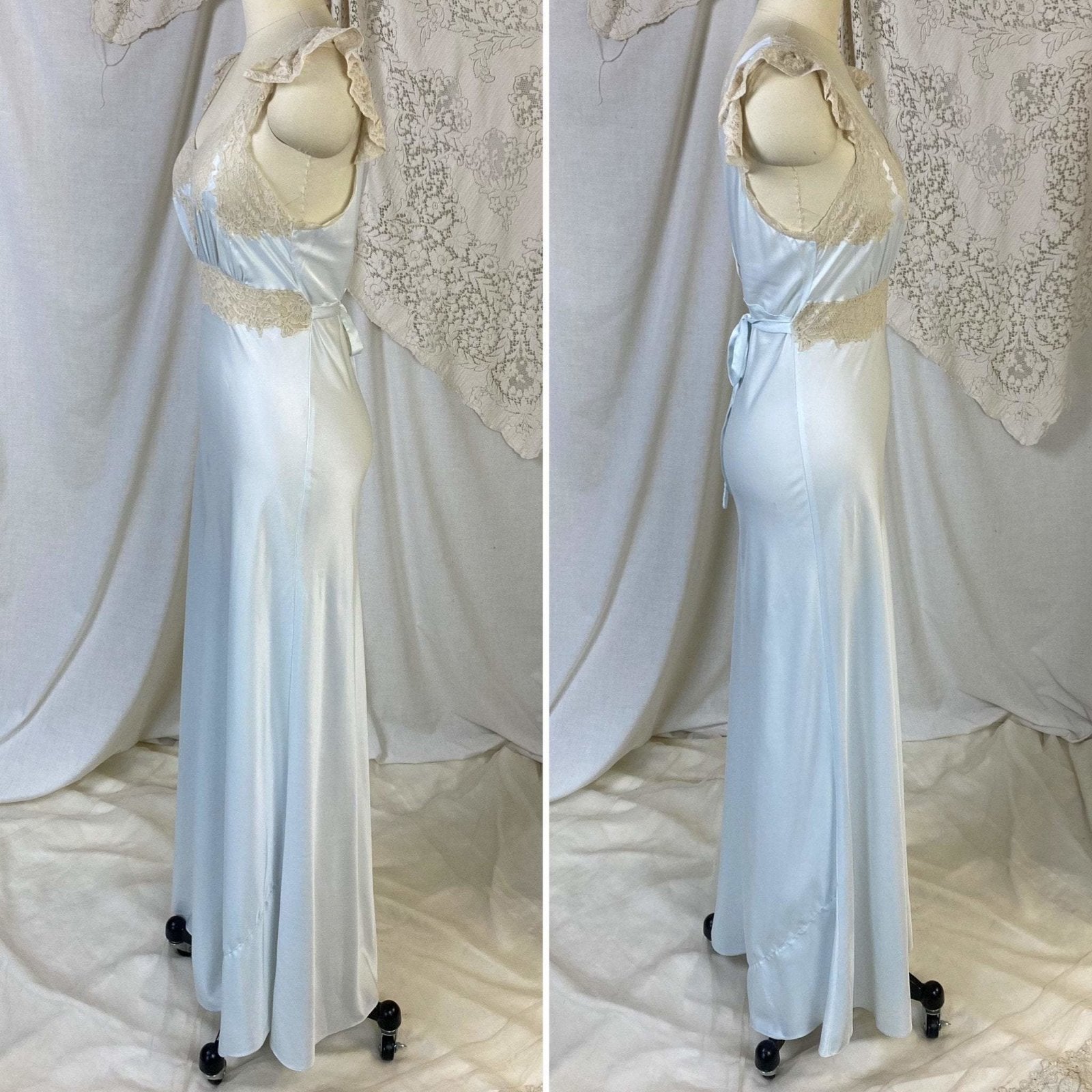 Vintage 1940's Nightgown | Icy Blue Rayon Satin with Nude Floral Lace Appliqué | Size XS, S | Wonder Maid - Daggers & Dames