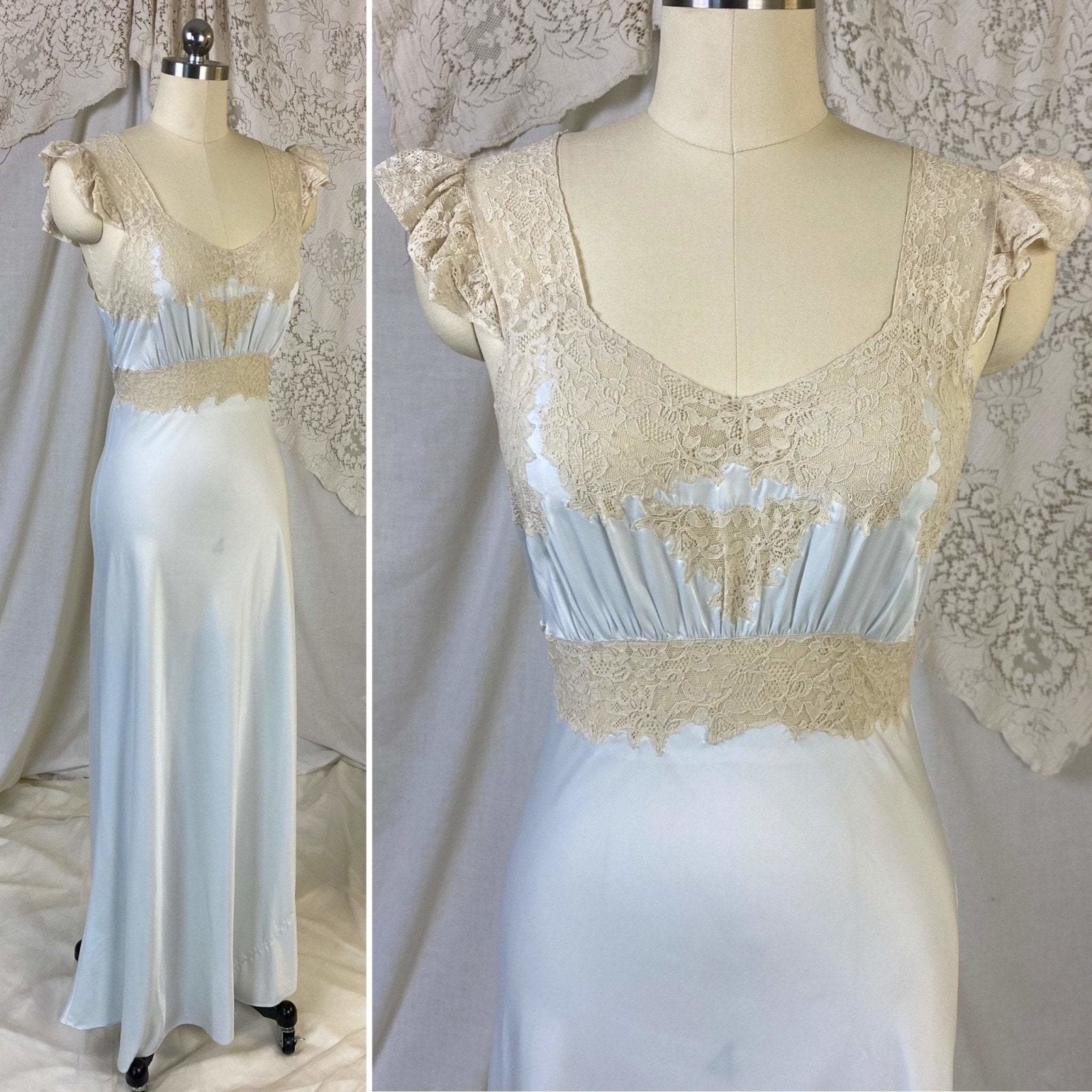 Vintage 1940's Nightgown | Icy Blue Rayon Satin with Nude Floral Lace Appliqué | Size XS, S | Wonder Maid - Daggers & Dames