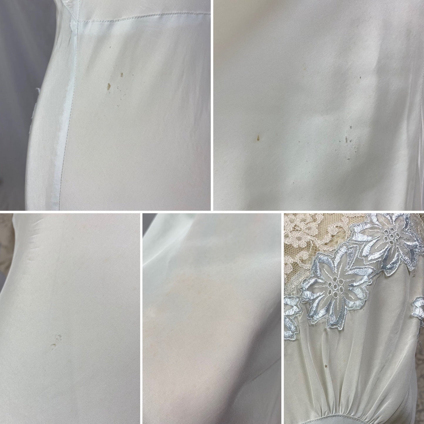 Vintage 1940's Nightgown | Icy Blue Rayon with White Lace & Embroidered Floral Appliqués | Size XS | Carillon - Daggers & Dames