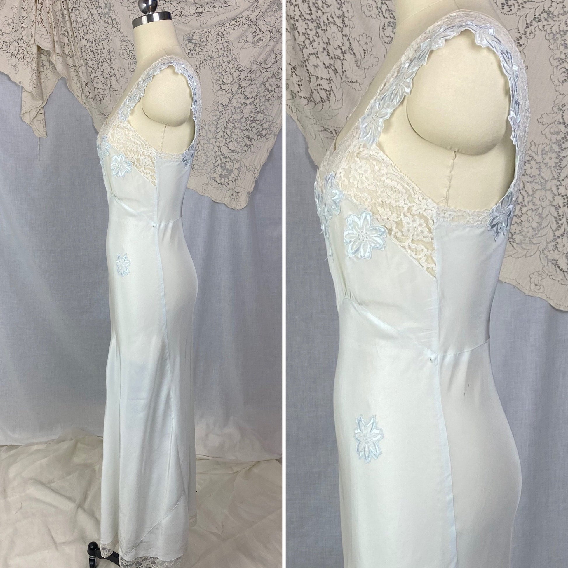 Vintage 1940's Nightgown | Icy Blue Rayon with White Lace & Embroidered Floral Appliqués | Size XS | Carillon - Daggers & Dames