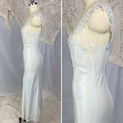 Vintage 1940's Nightgown | Icy Blue Rayon with White Lace & Embroidered Floral Appliqués | Size XS | Carillon - Daggers & Dames