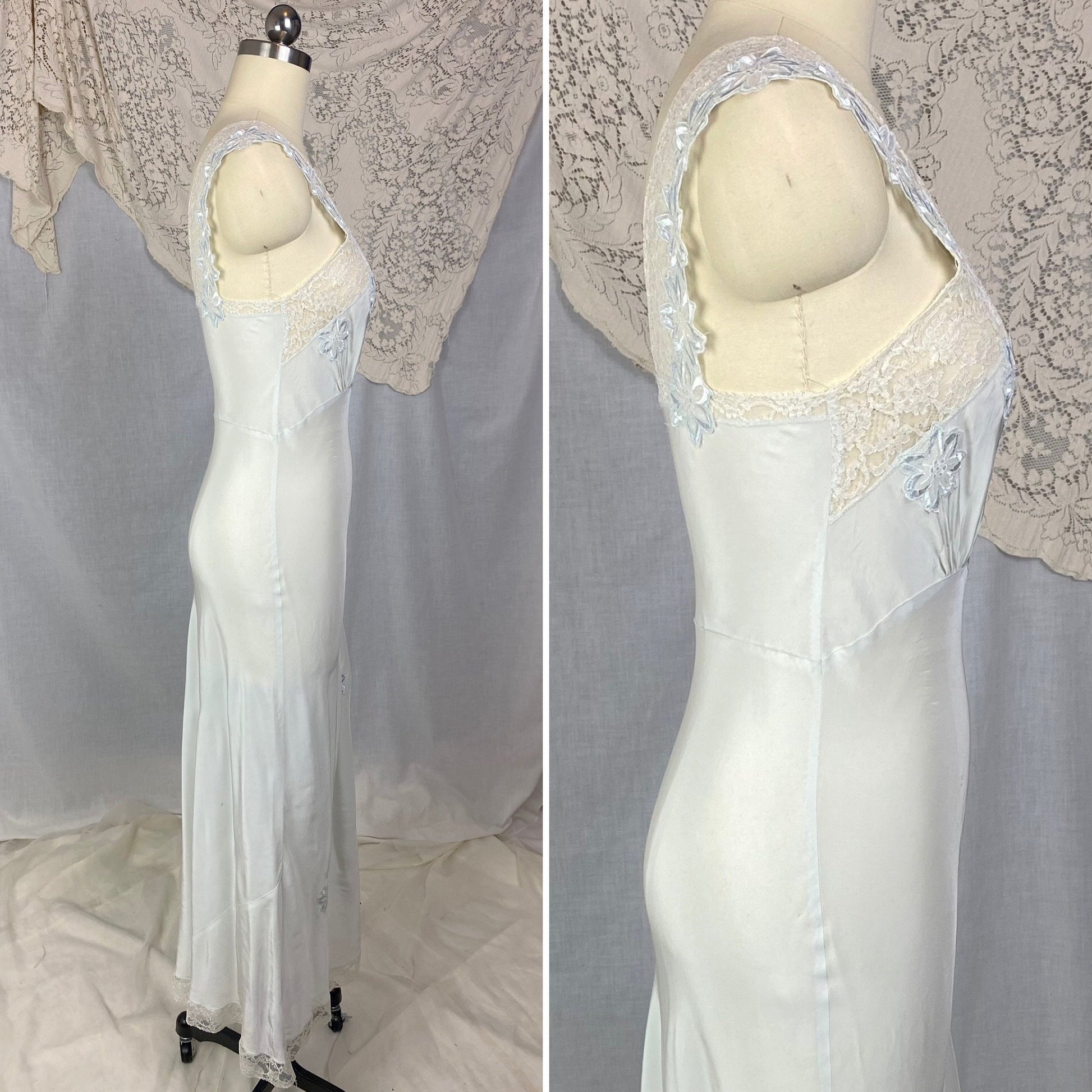 Vintage 1940's Nightgown | Icy Blue Rayon with White Lace & Embroidered Floral Appliqués | Size XS | Carillon - Daggers & Dames