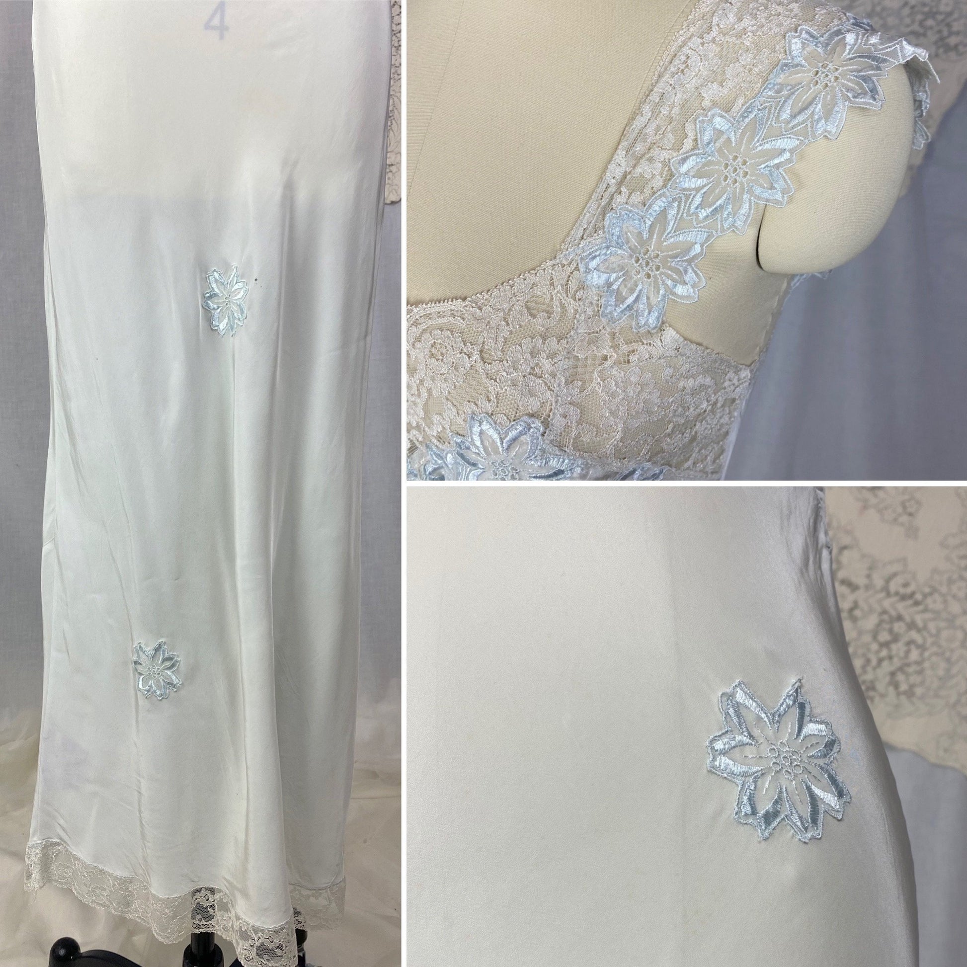 Vintage 1940's Nightgown | Icy Blue Rayon with White Lace & Embroidered Floral Appliqués | Size XS | Carillon - Daggers & Dames