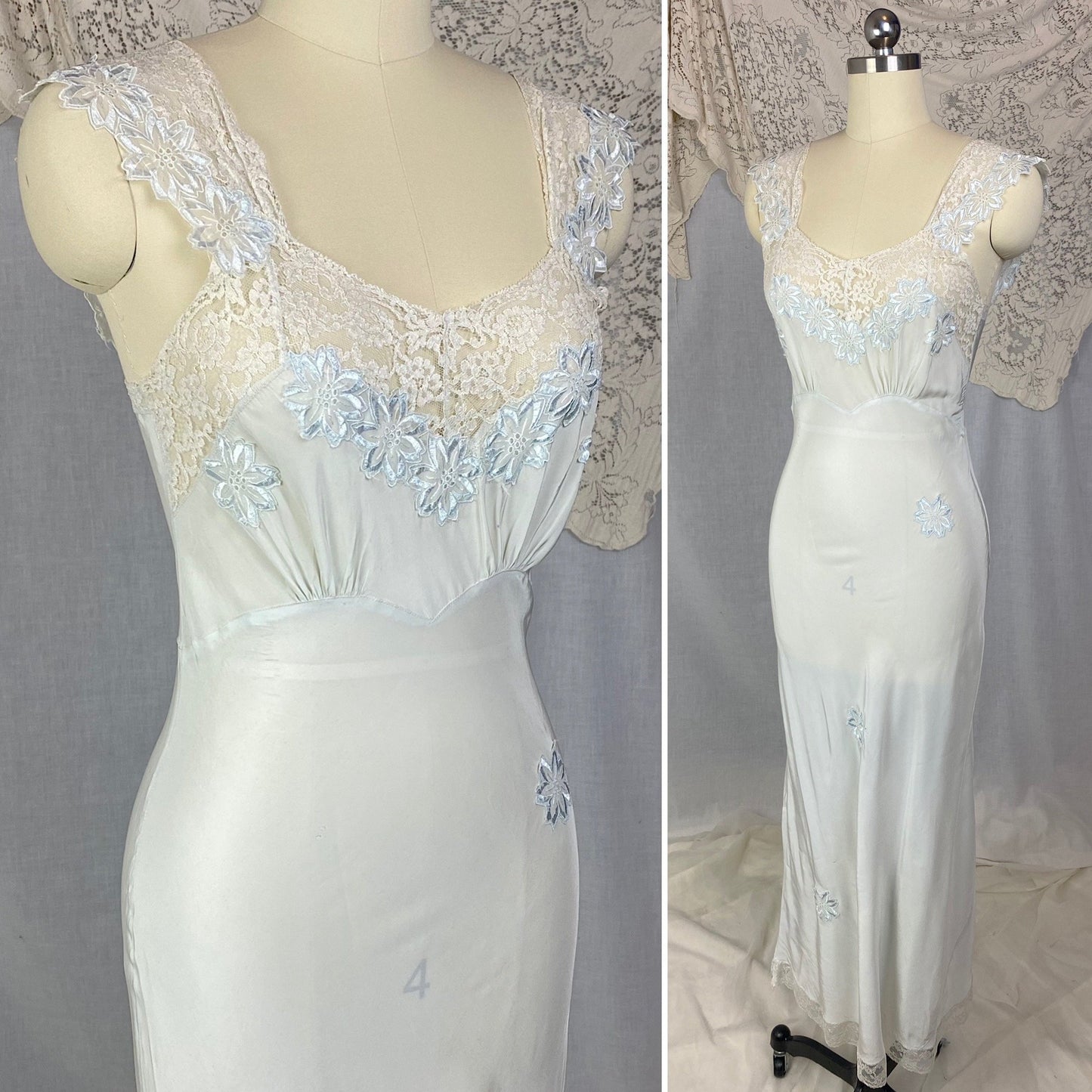 Vintage 1940's Nightgown | Icy Blue Rayon with White Lace & Embroidered Floral Appliqués | Size XS | Carillon - Daggers & Dames