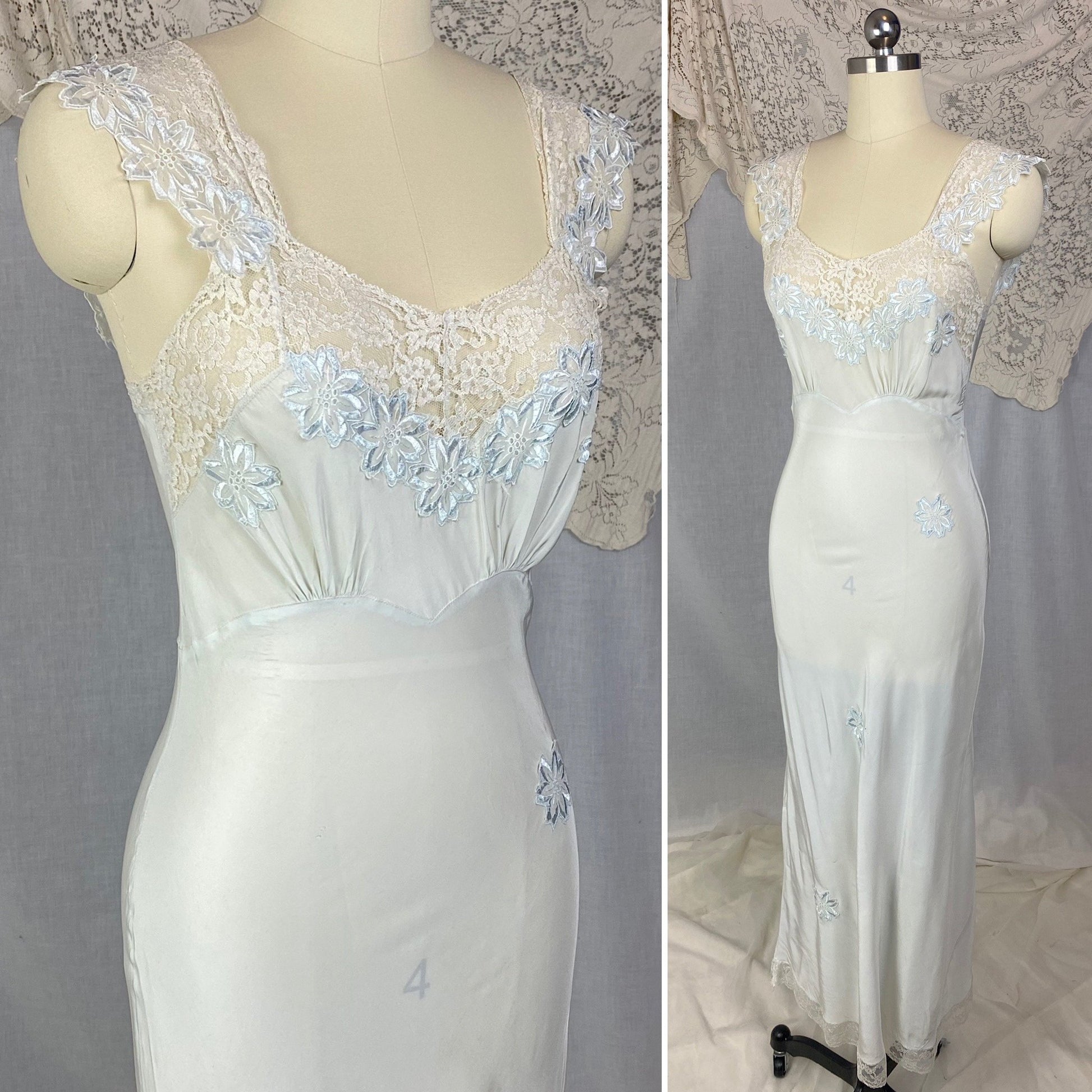 Vintage 1940's Nightgown | Icy Blue Rayon with White Lace & Embroidered Floral Appliqués | Size XS | Carillon - Daggers & Dames