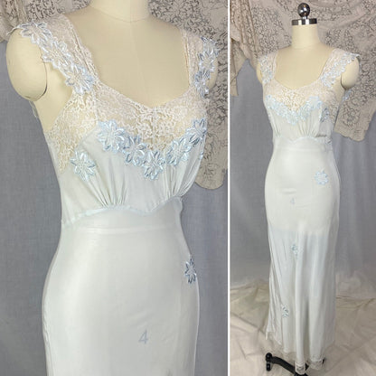 Vintage 1940's Nightgown | Icy Blue Rayon with White Lace & Embroidered Floral Appliqués | Size XS | Carillon - Daggers & Dames