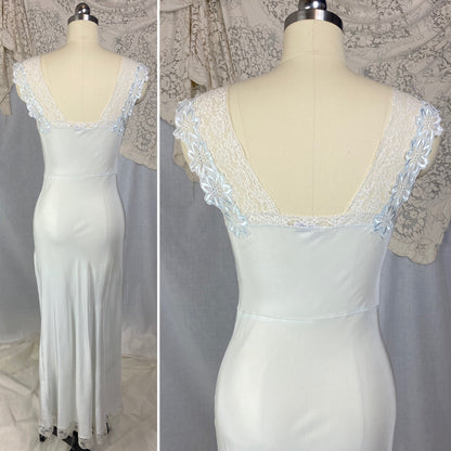 Vintage 1940's Nightgown | Icy Blue Rayon with White Lace & Embroidered Floral Appliqués | Size XS | Carillon - Daggers & Dames