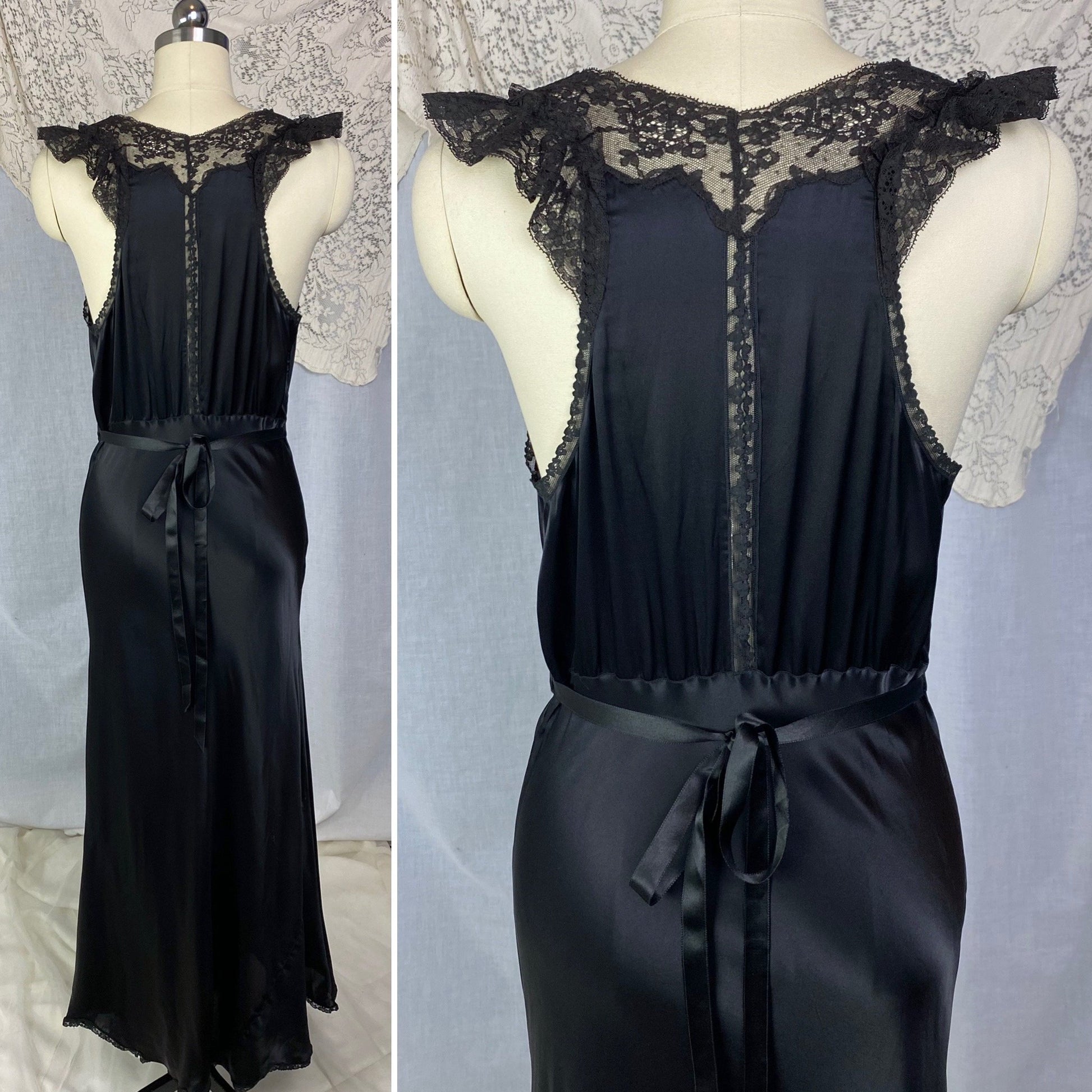 Vintage 1940's Nightgown | Inky Black Rayon Satin with Ruffled Lace & Scalloped Hem | Size M, LG | Lady Leonora - Daggers & Dames