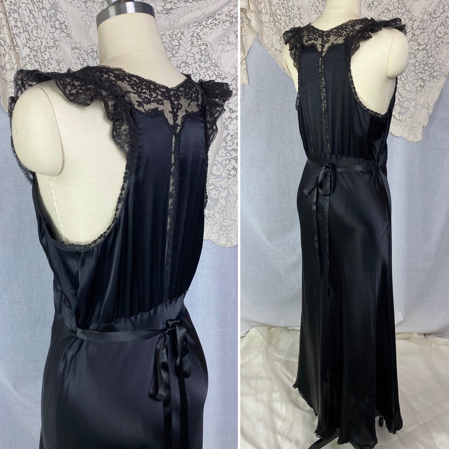 Vintage 1940's Nightgown | Inky Black Rayon Satin with Ruffled Lace & Scalloped Hem | Size M, LG | Lady Leonora - Daggers & Dames