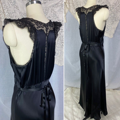 Vintage 1940's Nightgown | Inky Black Rayon Satin with Ruffled Lace & Scalloped Hem | Size M, LG | Lady Leonora - Daggers & Dames