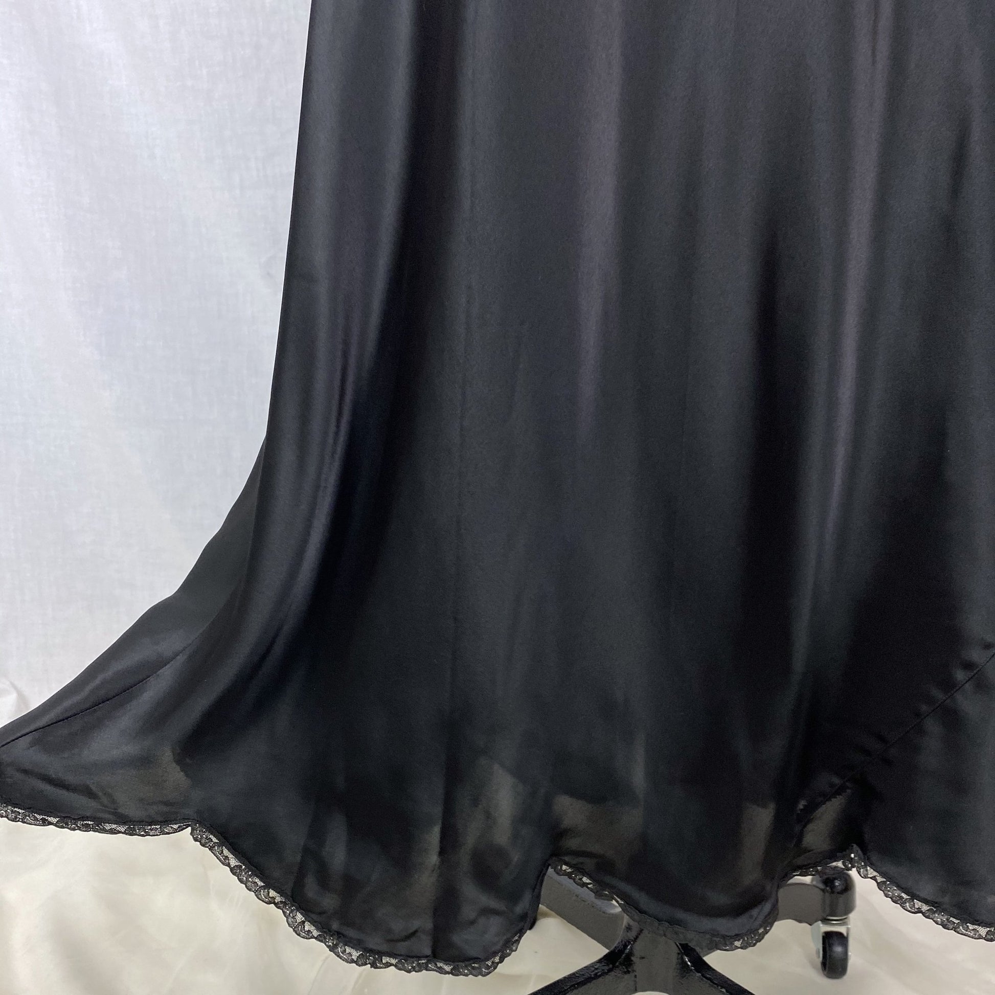 Vintage 1940's Nightgown | Inky Black Rayon Satin with Ruffled Lace & Scalloped Hem | Size M, LG | Lady Leonora - Daggers & Dames