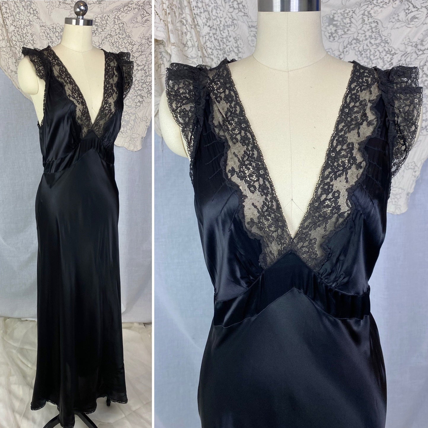 Vintage 1940's Nightgown | Inky Black Rayon Satin with Ruffled Lace & Scalloped Hem | Size M, LG | Lady Leonora - Daggers & Dames