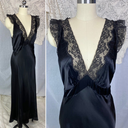 Vintage 1940's Nightgown | Inky Black Rayon Satin with Ruffled Lace & Scalloped Hem | Size M, LG | Lady Leonora - Daggers & Dames