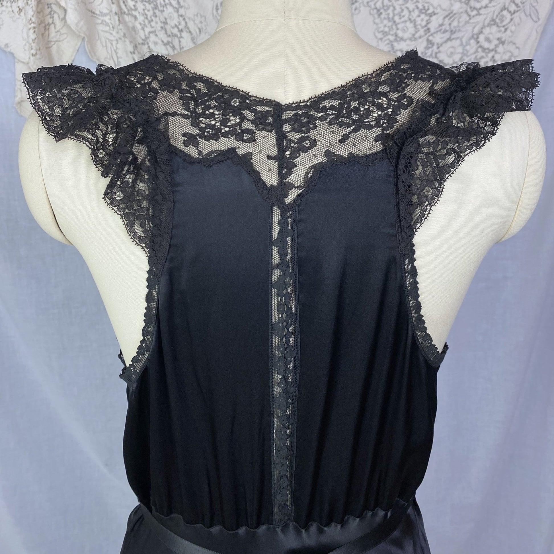 Vintage 1940's Nightgown | Inky Black Rayon Satin with Ruffled Lace & Scalloped Hem | Size M, LG | Lady Leonora - Daggers & Dames