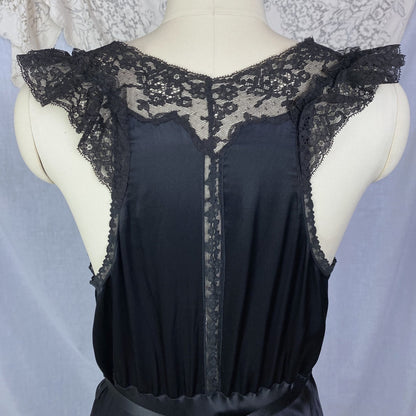 Vintage 1940's Nightgown | Inky Black Rayon Satin with Ruffled Lace & Scalloped Hem | Size M, LG | Lady Leonora - Daggers & Dames
