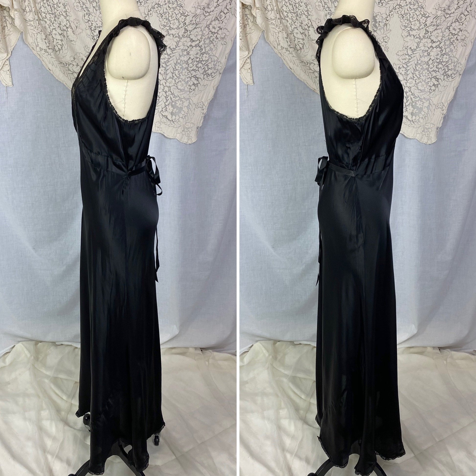 Vintage 1940's Nightgown | Inky Black Rayon Satin with Ruffled Lace & Scalloped Hem | Size M, LG | Lady Leonora - Daggers & Dames
