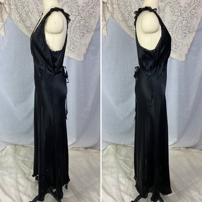 Vintage 1940's Nightgown | Inky Black Rayon Satin with Ruffled Lace & Scalloped Hem | Size M, LG | Lady Leonora - Daggers & Dames