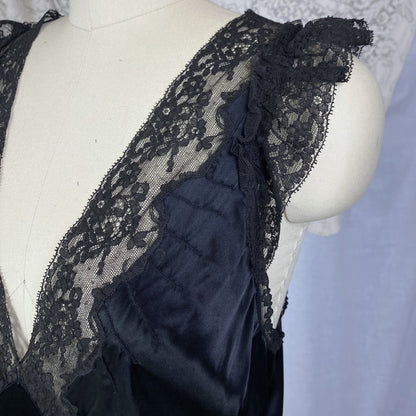 Vintage 1940's Nightgown | Inky Black Rayon Satin with Ruffled Lace & Scalloped Hem | Size M, LG | Lady Leonora - Daggers & Dames