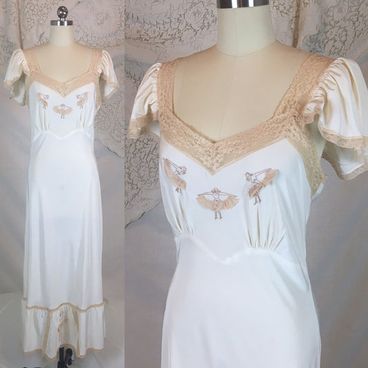 Vintage 1940's Nightgown | Ivory Acetate Blend with Ecru Lace & Burlesque Embroidery | Carillon -Never Worn | Size M, LG - Daggers & Dames