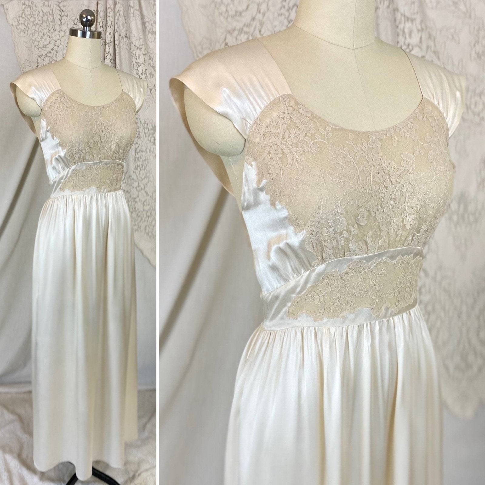 Vintage 1940's Nightgown | Ivory Silk with Nude Floral Lace | Size XS, S | Saks Fifth Avenue - Daggers & Dames