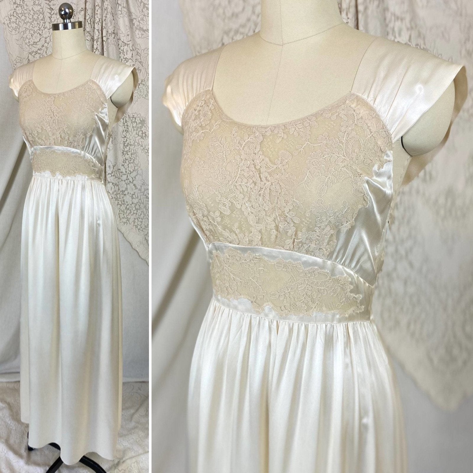 Vintage 1940's Nightgown | Ivory Silk with Nude Floral Lace | Size XS, S | Saks Fifth Avenue - Daggers & Dames
