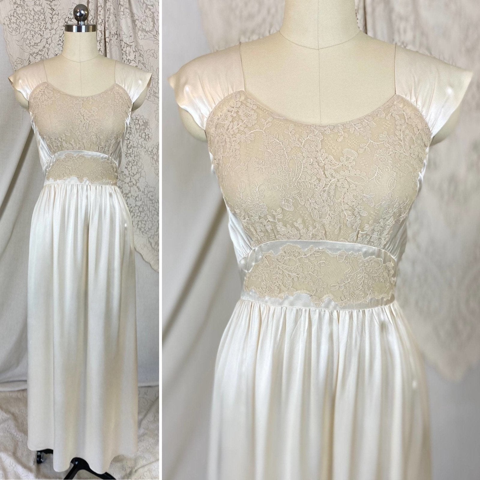 Vintage 1940's Nightgown | Ivory Silk with Nude Floral Lace | Size XS, S | Saks Fifth Avenue - Daggers & Dames